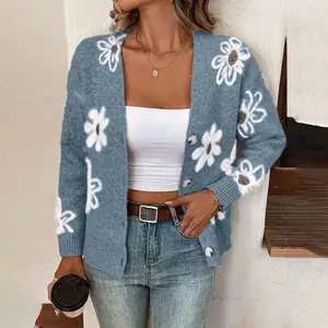 New Style Flower-Patterned Buttons Front-Opening Casual and Comfortable Cardigan