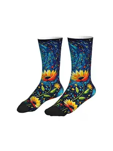 Vibrant Blue Swirl Sunflower Pattern Casual Crew Socks