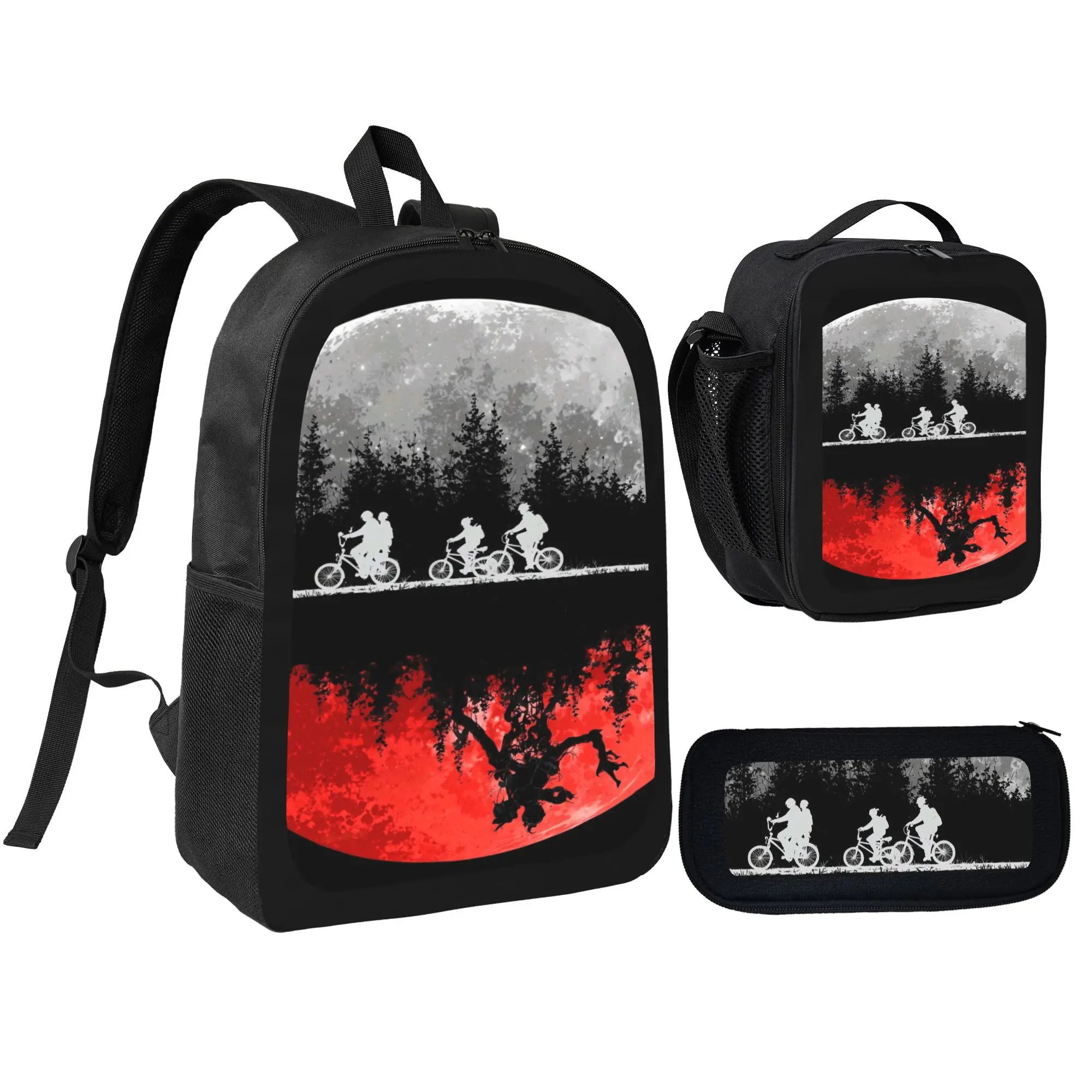 Stranger Things Ultimate Adventure Theme 3-Piece Teen Backpack Set - Black Retro Sci-Fi Backpack, Pencil Case, Lunch Bag - Netflix Collaboration Functional Luggage
