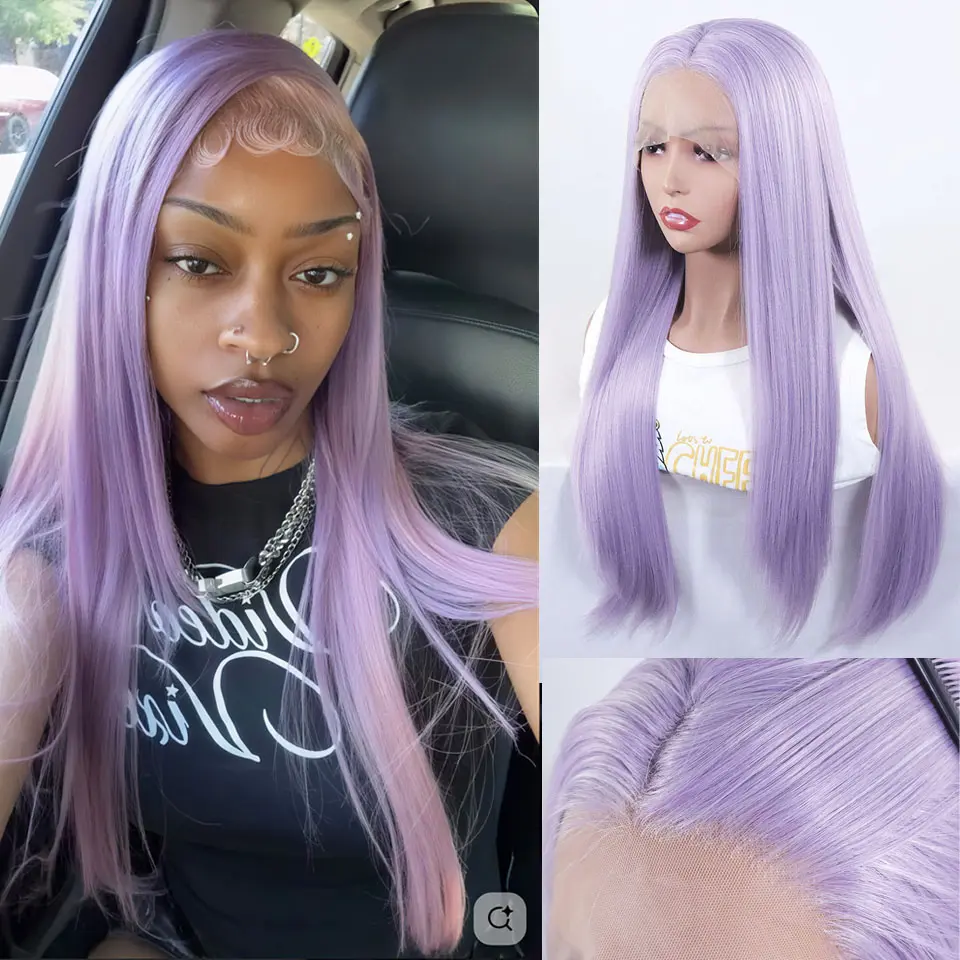 Women's Lavender Purple Heat-Resistant Synthetic Silky Straight Lace Front Wig, Pre-Plucked Natural Hairline, High-Quality Synthetic Lace Wig