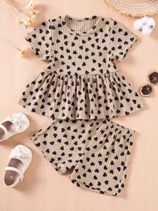 Two-Piece Set Toddler Girl's Heart Print Ruffle Trim Tee & Shorts, Cute Casual Short Sleeve T-shirt & Shorts for Daily Wear, Kids Summer Clothes, Clothing