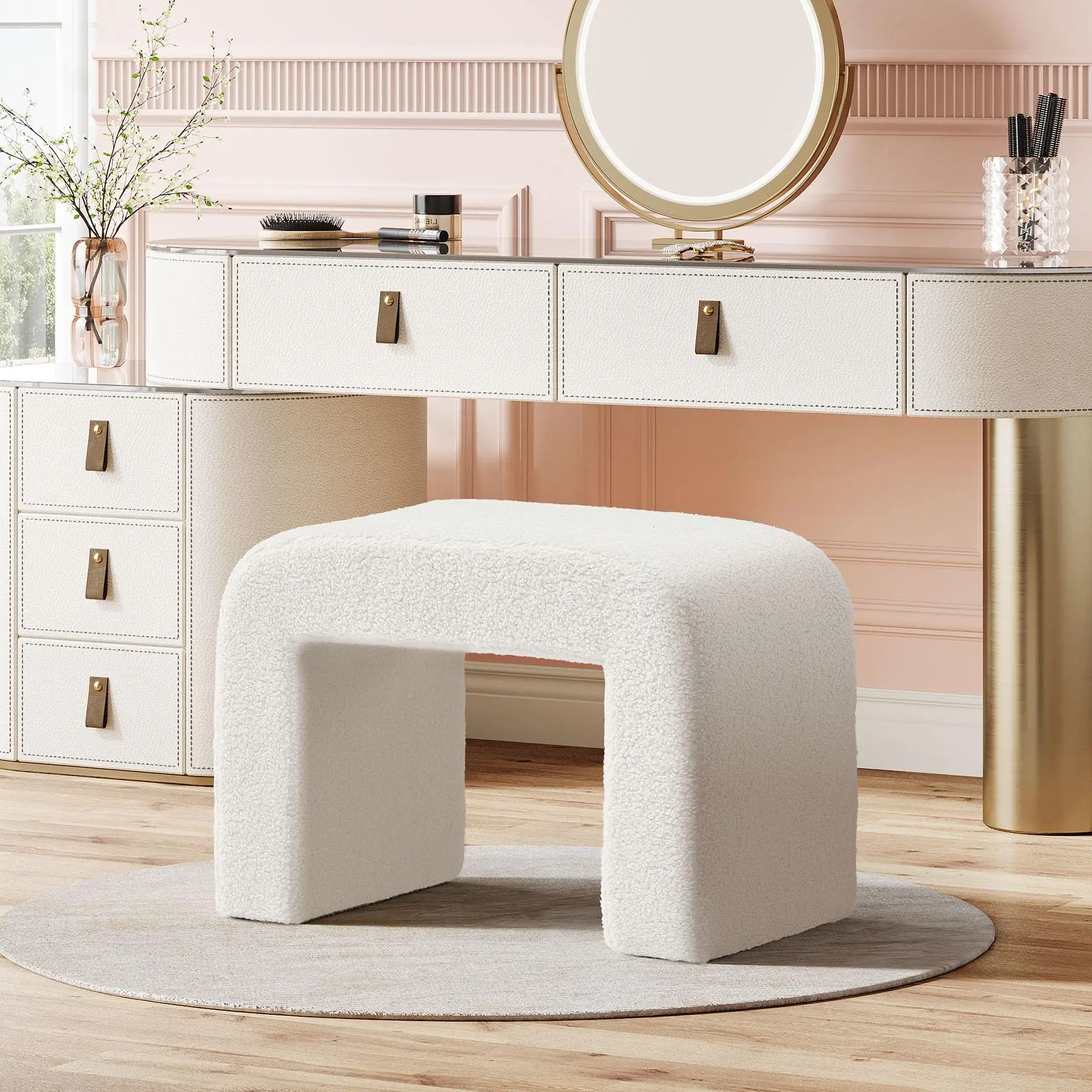 Tribesigns Faux Sherpa Foot Rest for Couch, Large Boucle Ottoman or Entryway Shoe Bench, Fully Assembled, White
