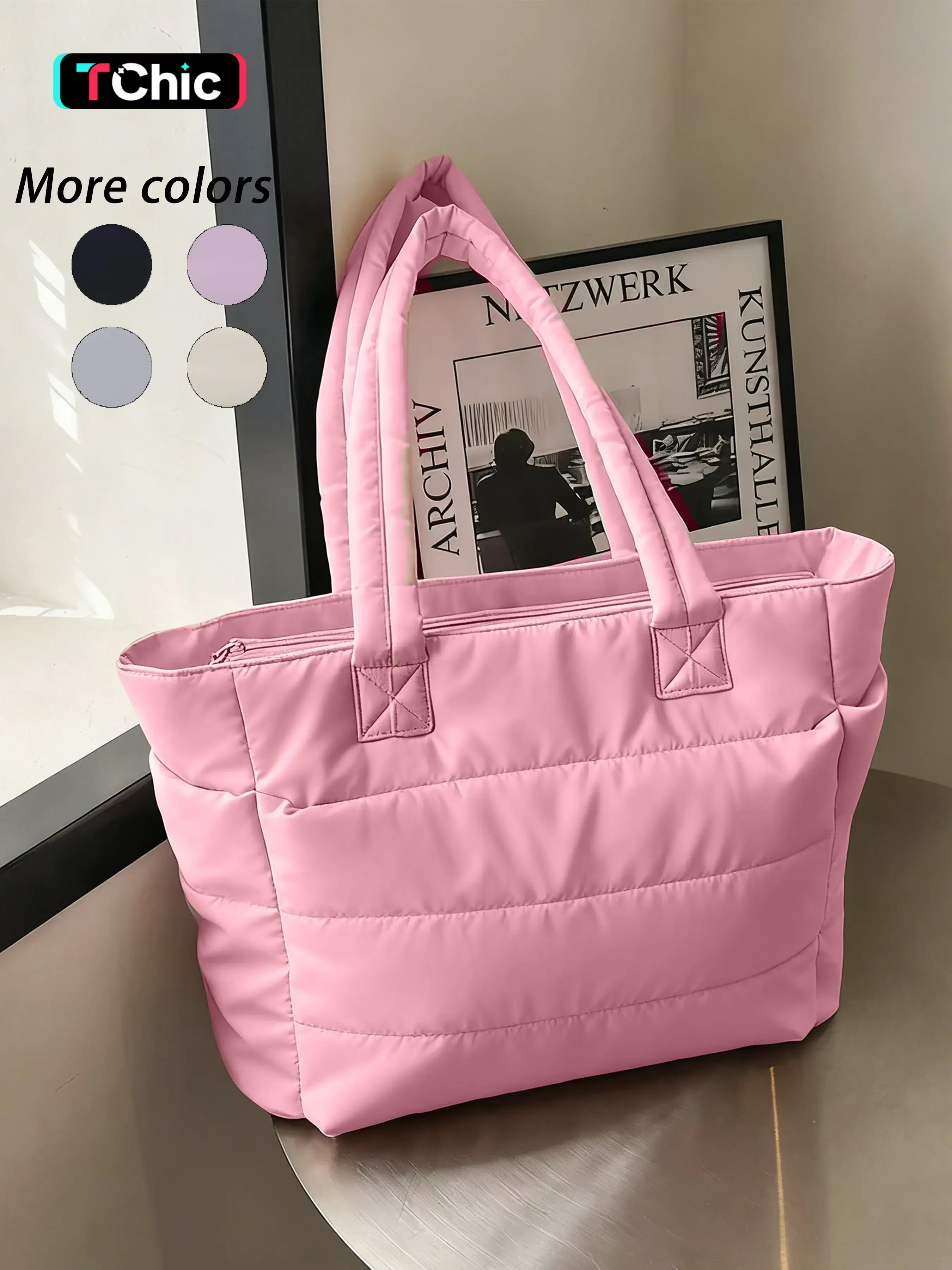Women's Handbag with Zipper, Large Capacity, Stitched Inflatable Bag, Quilted Puffer Tote, Gym Bag, Beach Bag, Travel Work Handbag, Casual Tote Bag