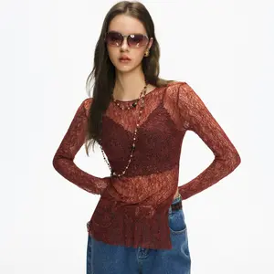 JCCC Women's Lace Top Sexy Long Sleeve Mock Neck Casual Shirt Going Out Blouse Womens Scoop Neck Long Sleeve Top Double Layer Slimfit All Seasons Outfits Minimalist Comfort TikTokShopHolidayHaul