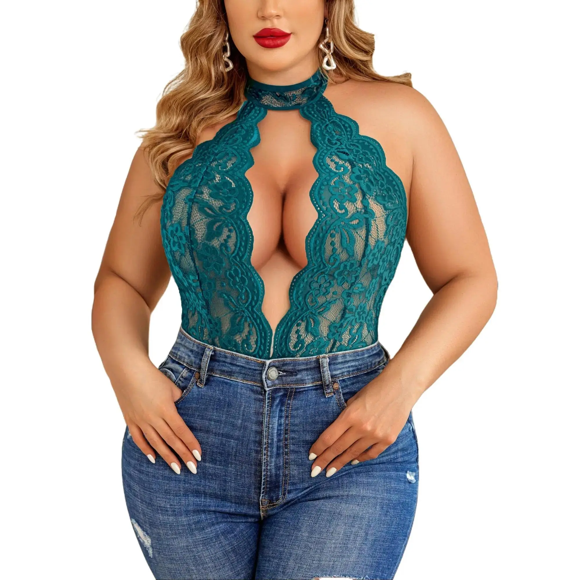 Avidlove Plus Size Women's Lace Bodysuit - Halter Strap, Backless, Stretchy Fabric, Bottom Coverage Nightgown for Sizes 16-24