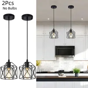 2-Piece Industrial Geometric Cage Pendant Lights, Metal Hanging Ceiling Lamp, Suitable for Kitchen, Island, Dining Room, Hallway, Home Decor Lighting