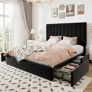 Full/Queen/King Size Storage Bed Frame, Vertical Channel Tufted Adjustable Headboard, Velvet Upholstered Platform Bed With 4 Oversized Underbed Drawers, Wooden Slats Support, No Box Spring Needed, Black