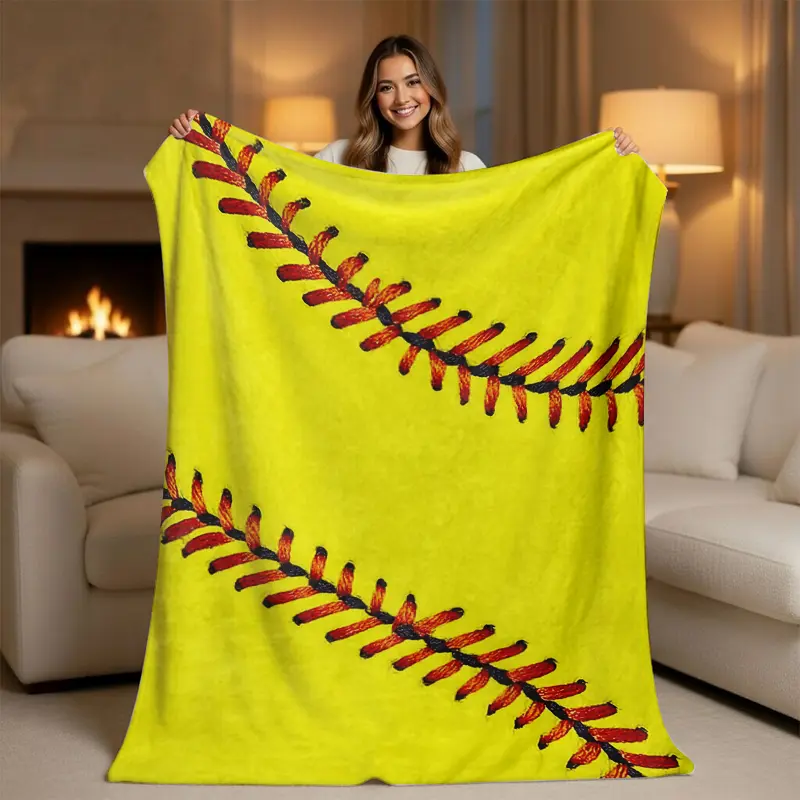 Neon Softball Stitch Decorative Blanket - Soft Plush Fleece Throw, Lightweight Polyester Channel Stitched Blanket, Team-Themed Sports Room Decor, Unique Gift for Softball Players, Decorative Stitching Blankets, Polyester Blankets