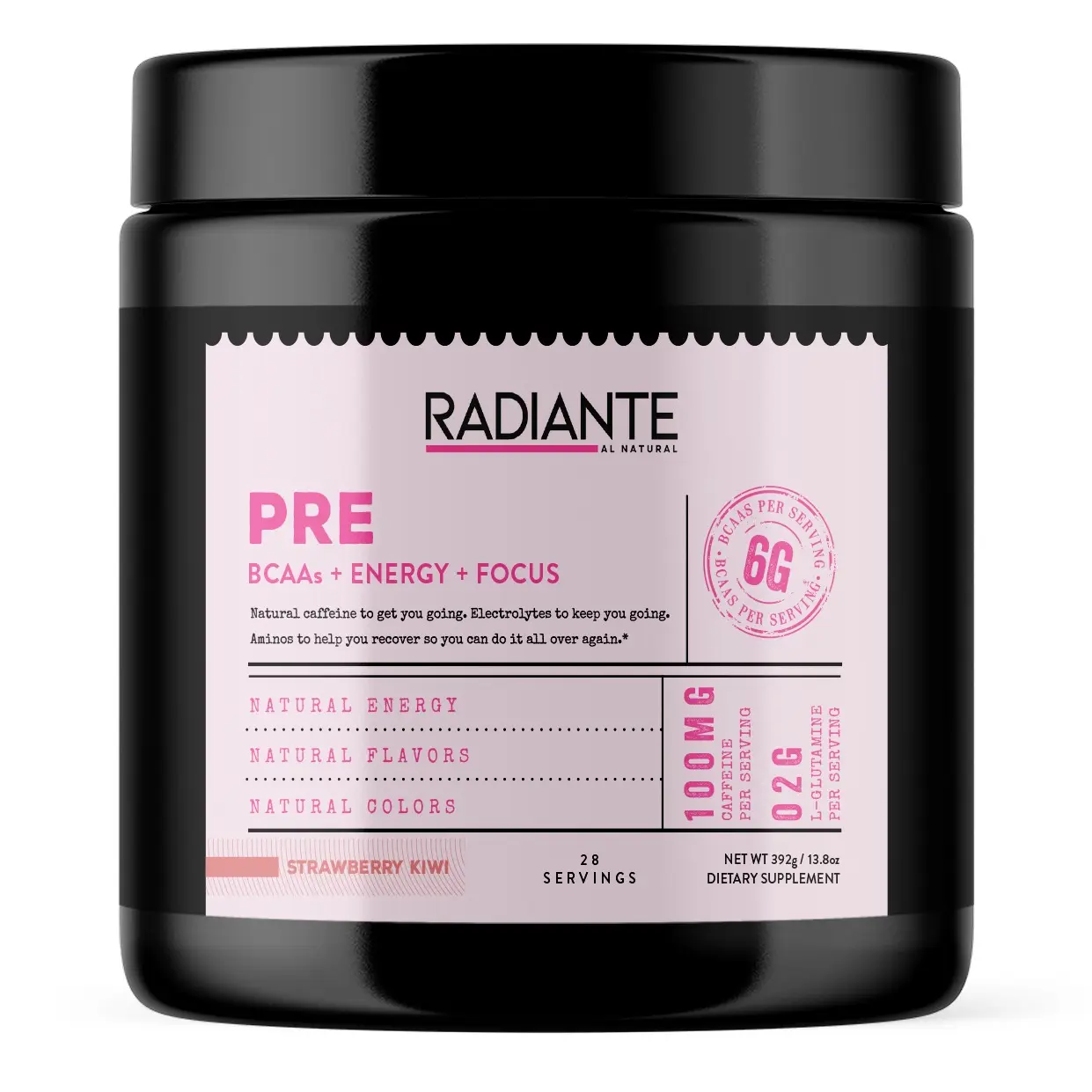 Radiante Al Natural Pre-Workout Energy + Hydration with 100mg Natural Caffeine 6g BCAA for Women's Focus & Recovery Strawberry Kiwi Flavor