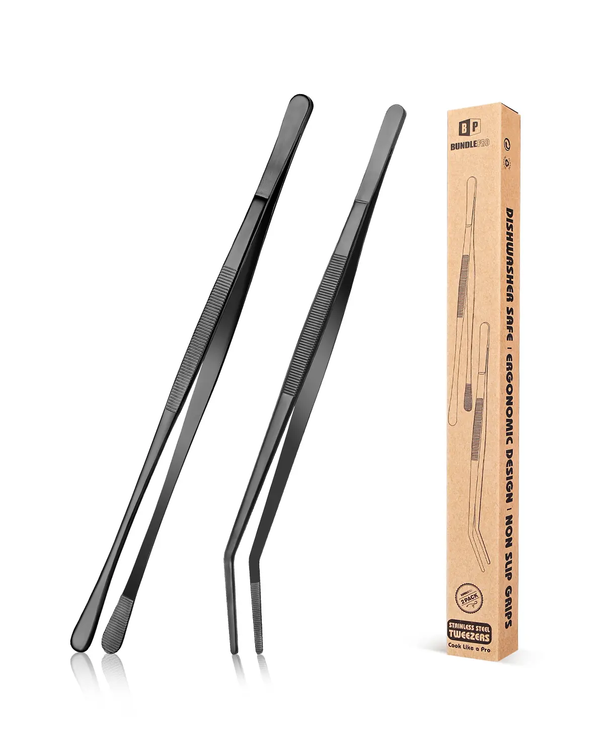 2 Pcs Kitchen Fine Tweezer Tongs, 12'' Stainless Steel, Black | Food Tweezers Set, Professional, Long Tweezer for Cooking, Repairing, Sea food and BBQ