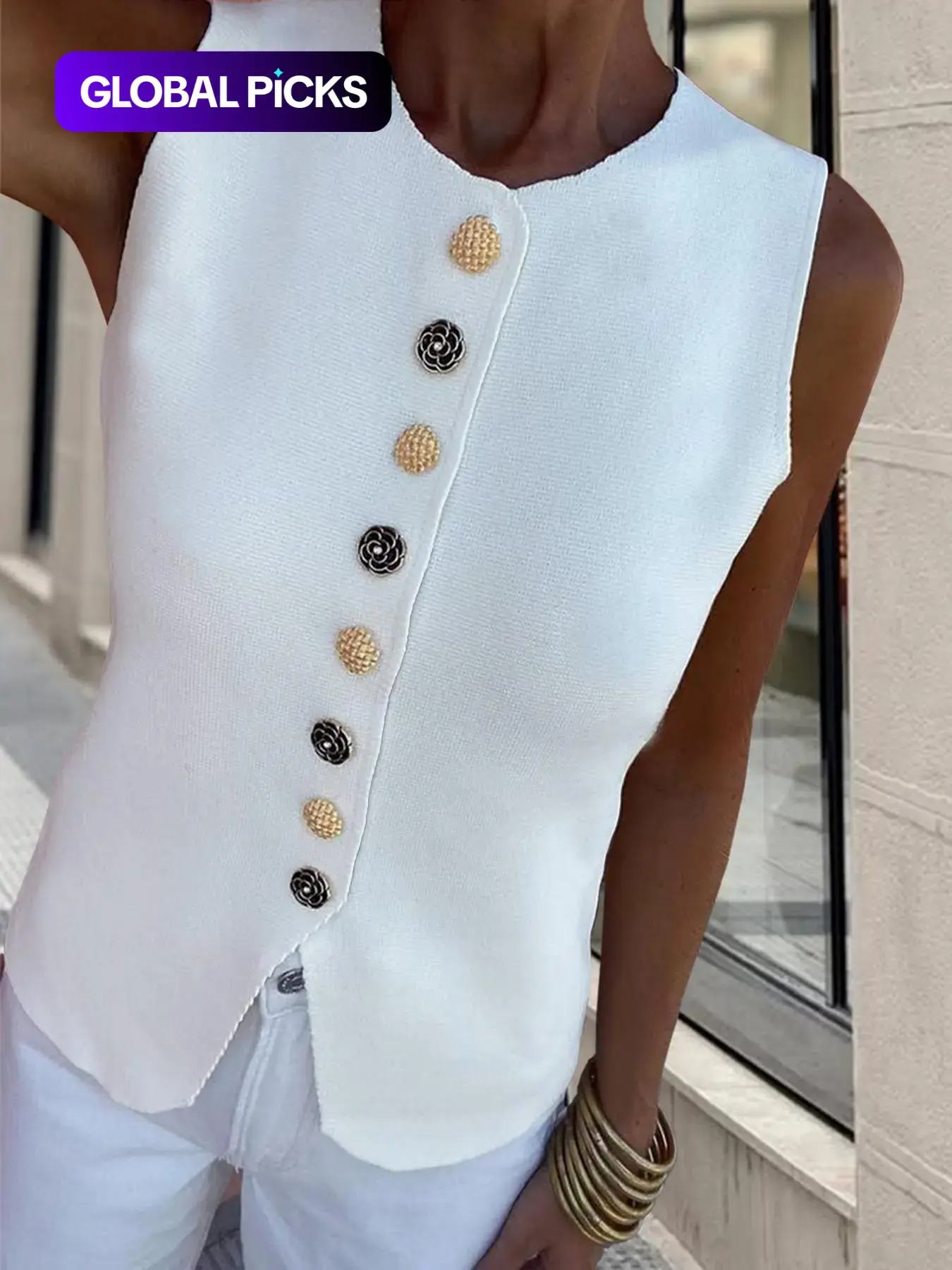 Spring & Summer Women's Vintage Casual Fashion Elegant Metallic Button Solid Color Sleeveless Round Neck Business Fitted Vest Top