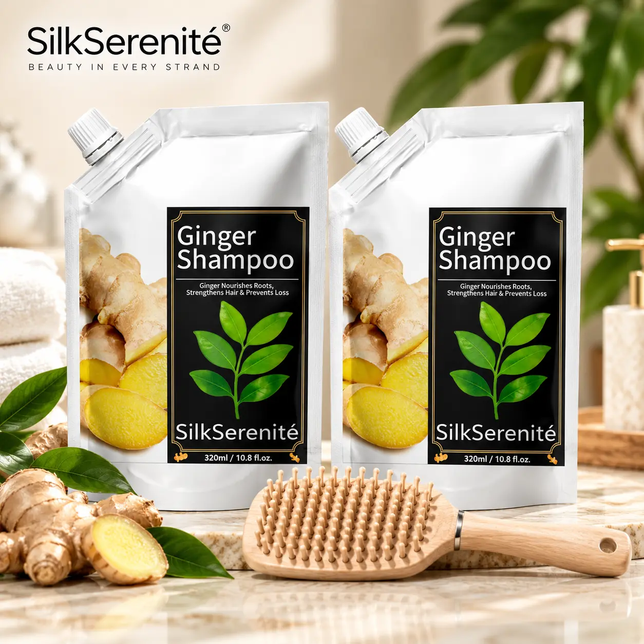 【2-Pack + Hair Comb】Ginger Shampoo with Biota Orientalis & Ligusticum Extract – Moisturizing Shampoo for Dry & Frizzy Hair, Soft & Smooth Hair Care, 320mL