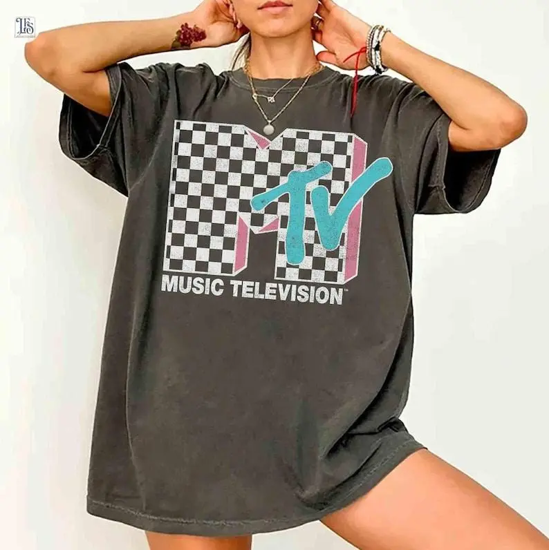 MTV Neon Distressed Checkered Logo Graphic Shirts, Vintage MTV Birthday Girl, Retro 80s & 90s MTV Wash Family Matching Tee