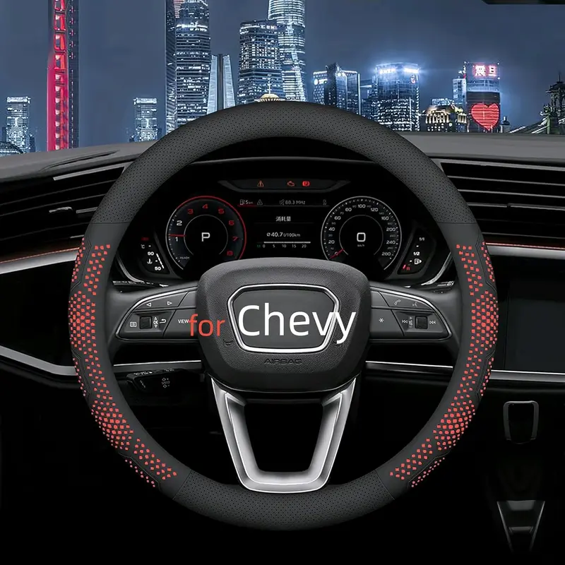 Leather Steering Wheel Cover for Chevy Silverado 1500 2500 3500, 14.5-15 inches  Steering Wheel Cover with Non-Slip Breathable (Red)