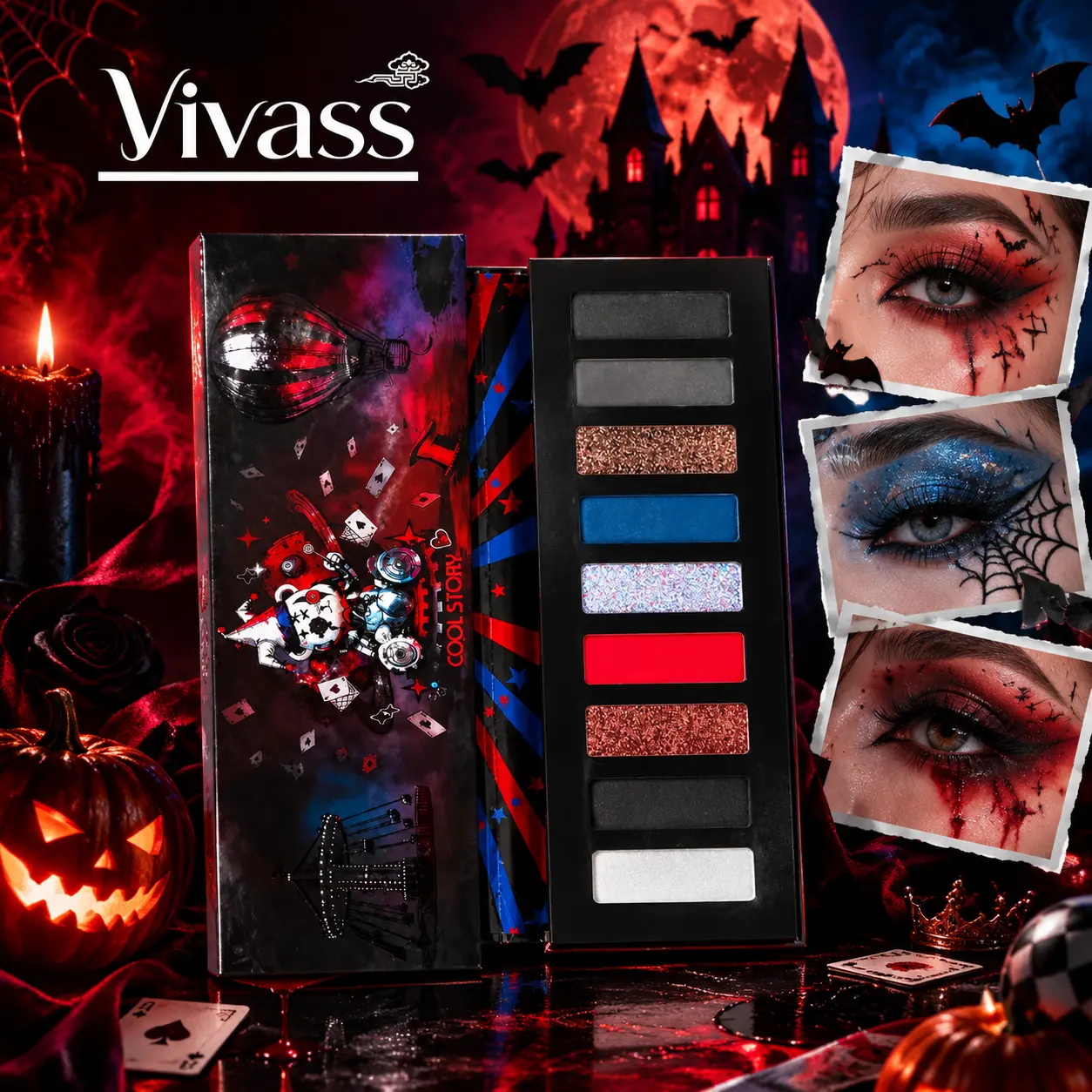 Vivass 9 Color Eyeshadow Palette, Highly Pigmented Matte & Glitter Shimmer Eye Makeup, Red Blue Black Smokey Eyeshadow, Gothic Makeup, Halloween Makeup, Goth Glam, E Girl Makeup, Cosplay Makeup, Festival Party Makeup, Bold Color Eye Shadow Palette