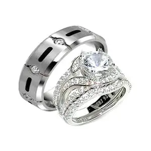 His Her 3.25ct Sterling Silver Halo Wedding Ring Set Men's Titanium Ring