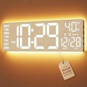 EASYERA 16.5" Large Wood Grain Digital Wall Clock with Remote Control RGB Atmosphere Lights 11 Scenes Dual Alarms LED Display for Livingroom Classroom, Office, Game, Craft Room, Game-Changer for Seniors & Elderly, Grey & Kids