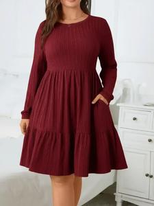 plus size textured ruffle hem pocket a line dress, elegant long sleeve round neck dress for fall & winter, women's clothes for daily vacation party