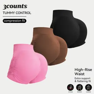 Women’s High-Waist Tummy Control Butt-Lift Fitness Shorts, 3-Pack — Seamless Ribbed, Highly Elastic, Quick-Dry “Peach Hip” Casual Sports Yoga Cycling Pants