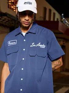 Men's Regular Fit Letter Print Short Sleeve Work Shirt, Casual Pocket Shirt, Casual Fashion Comfy Collared Button Front Top for Summer, Men's Clothes for Daily Wear, Casual Wear Clothing