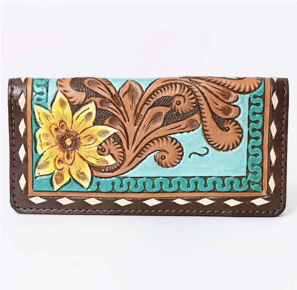 American Darling Wallet Genuine Leather Women Bag Western with Floral Design and Turquoise Accents