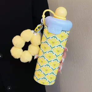 600ML Insulated Mug with Ball Strap, Floral Pattern Coffee Cup, Insulated Tumbler, Stainless Steel Straw, Suitable for Outdoor Sports, Travel, Home Use, Drinkware