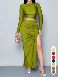 Elegant Women's Two-Piece Set for Autumn/winter, Pure Color Long Sleeve Cropped Fitted Crop Top & High Waist Side Slit Skirt, Casual Style Outfit Womenswear