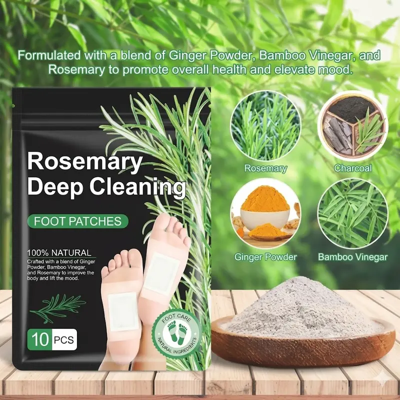 10PCS Herbal Scented Foot Pads with Rosemary, Ginger Powder, Bamboo Vinegar & Charcoal, Disposable Soothing Stress Relief Fatigue Relief Foot Sole Care Patches for Adults' Nighttime Use