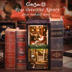 【Rose Detective Agency】CUTEBEE DIY Book Nook Kit with Dust Cover and LED Light, Wooden Miniature House Kit Bookshelf Insert Booknook Bookend Stand Bookcase Model Build Creativity Kit Decor Alley