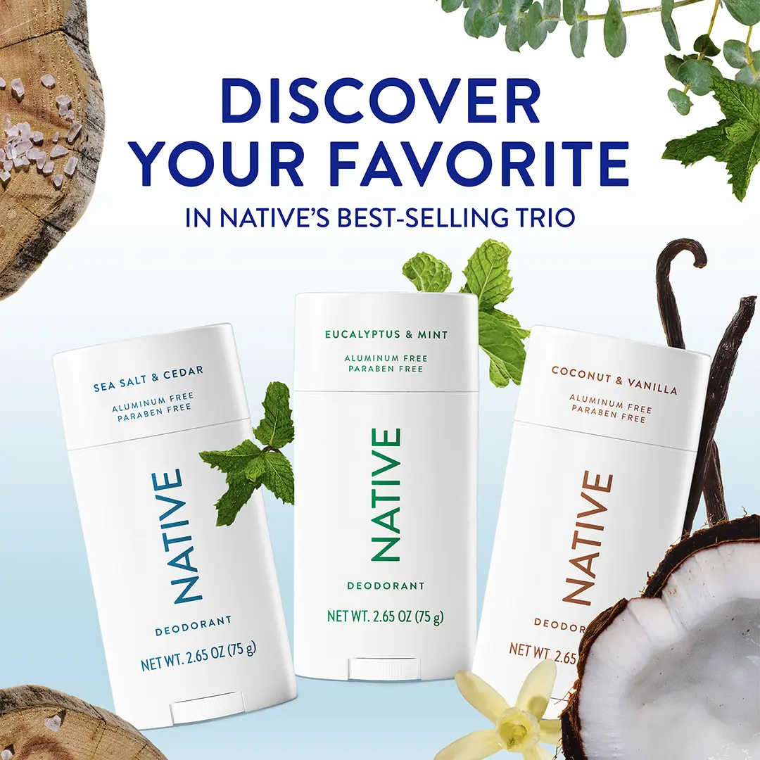 NATIVE Aluminum-Free Deodorant Stick Discovery Set – 3-Pack, 2.65 oz, 72HR Odor Protection
