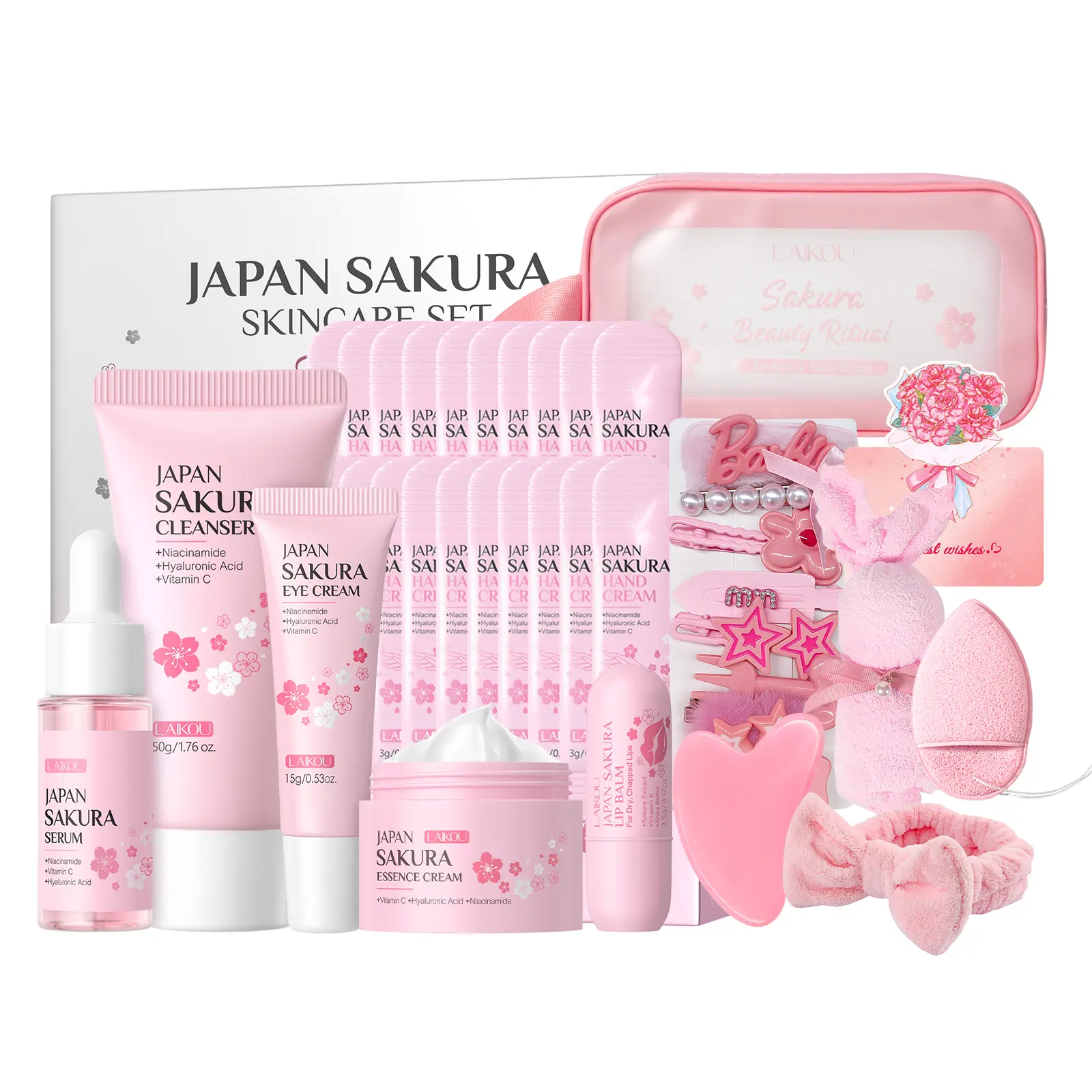 32-piece Sakura skincare kit: facial cleanser, serum, eye cream, face cream, hand cream, lip balm—moisturizing skincare set for women; hydrating and nourishing, travel-friendly daily facial care routine