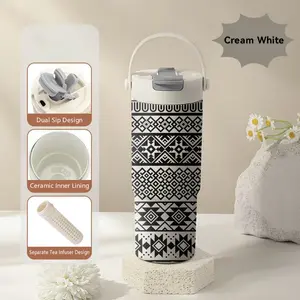 PIKPAKA Mexican Aztec Mayan Borders Pattern Vacuum Flasks 700ml Ceramic Lined Tumbler with Tea Infuser & Hidden Straw, Vacuum Insulated Travel Mug with Handle, Long Cold Retention Water Bottle, Holiday Gift for Christmas, Birthday & Mother's Day