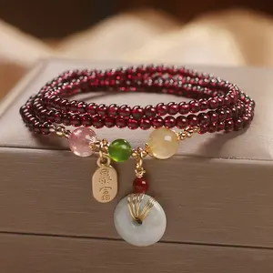 3mm Natural Garnet Red  Bracelet Multi-Layer Healing Crystal Bracelet with Peace Buckle Pendant for Women, Girls as Birthday Gift