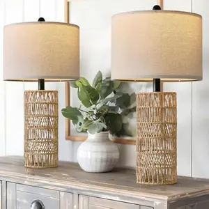 22.5" Boho Table Lamps Set of 2 for Living Room, Bedside Lamp for Nightstands, Rattan Lamp for Bedroom, Farmhouse Table Lamp for Room Decor, End Table, Retro, BrownNot Include Bulbs
