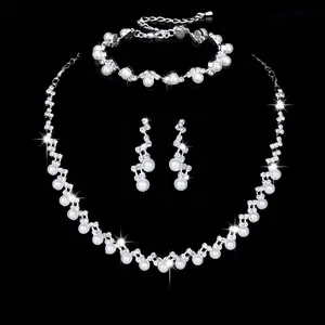 Wedding Costume Jewelry Set - Silver Claw Chain Earrings, Pearl-Inlaid Necklace