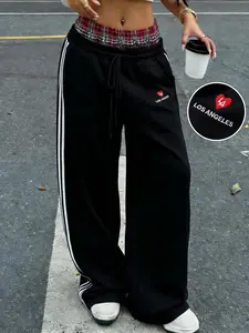 Unisex Y2K Loose Sport Pants, Plaid Waistband & La Heart Embroidery, Comfortable Street Style, Drawstring Waist, Side Stripes