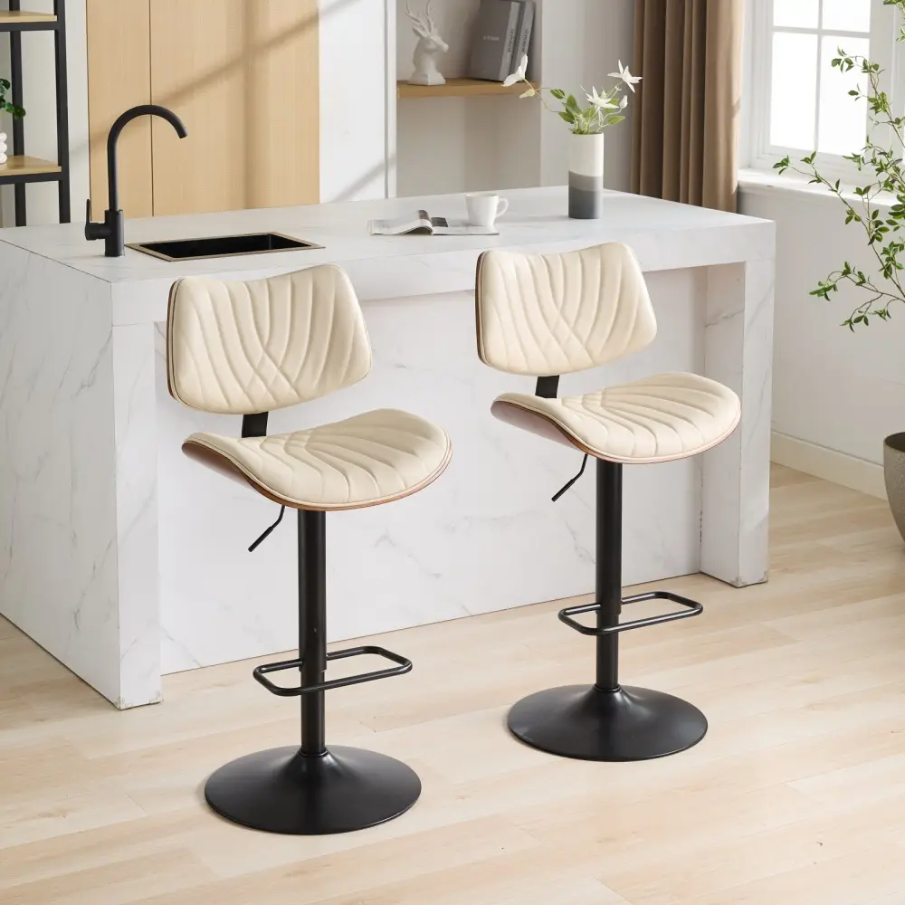 Walnut Bentwood Adjustable Counter Stool - Mid-Century Modern, Black Leather Upholstered, 360° Swivel Kitchen Island Chair for Dining Room/Cafe, Adjustable Counter Stools