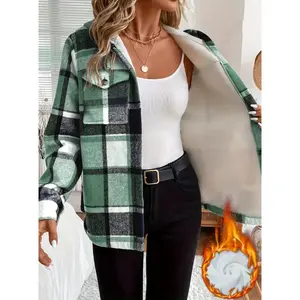 Women's Casual Plaid Hooded Jacket with Fleece Lining 100% Polyester Woven Shirt Button Detail All-Season Warmth Lightweight Outerwear Coats Fitted Green Long Sleeve Tops