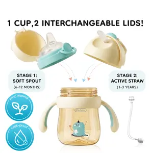 Dr.Isla 2-in-1 Anti-Colic Baby Training Sippy Cup (9oz/240ml) - PPSU, 180°C Heat-Resistant, BPA-Free, Leakproof No-Spill, Easy to Clean, Odorless, 360° Gravity Ball, Duckbill Nipple & Straw Lids Included for 6M-3Y