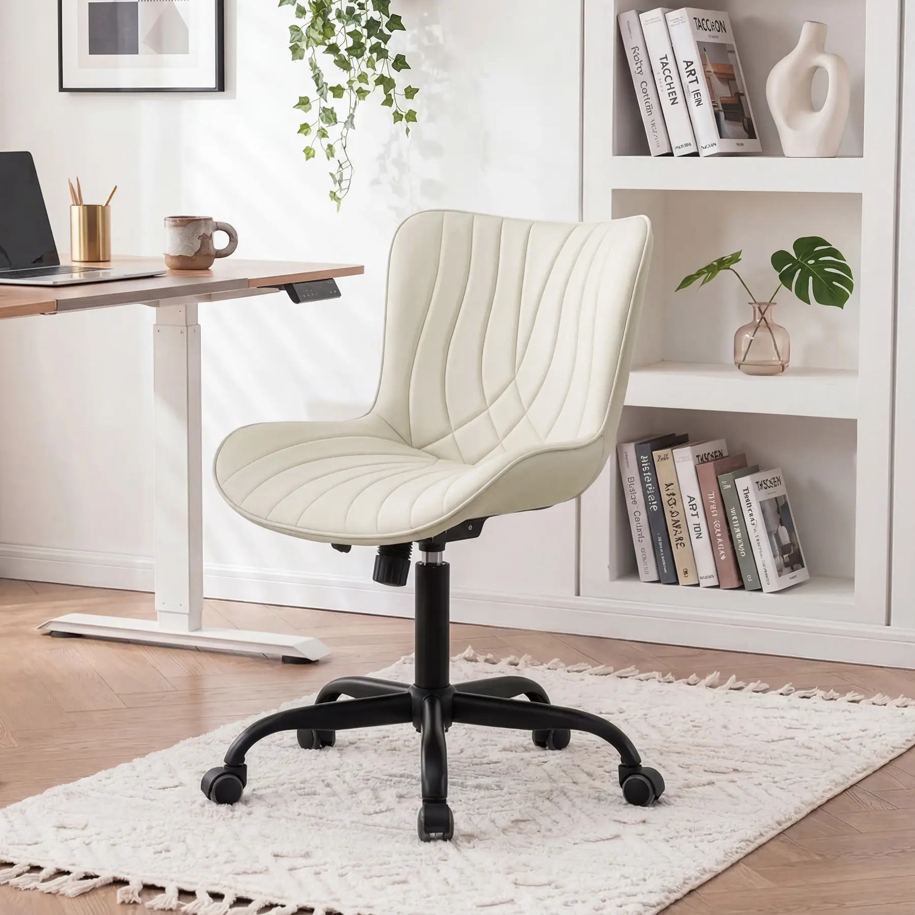 Armless Office Chair with Wheels, Upholstered Swivel Desk Chair, Adjustable Height Padded Computer Chair for Home Office, Bedroom, Vanity & Study