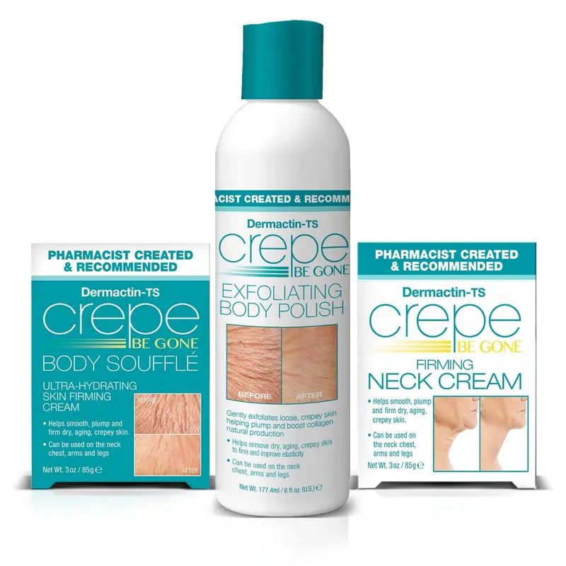 Dermactin Crepe Be Gone 3-Piece Kit - Crepe Be Gone Body Souffle 3oz, Body Polish 6oz and Neck Cream 3oz.