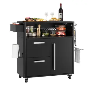 Outdoor Grill Cart with Storage, Rolling Kitchen Island with Hooks, Patio Food Prep Table, Mobile Bar Cart for Backyard Garden Poolside BBQ, Shelf, Cabinet