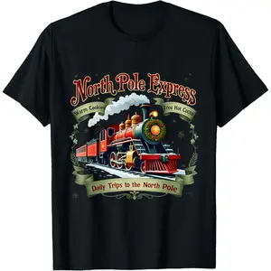 The North Pole Polar Express Train Depot Family Christmas T-Shirt, 100% Cotton, Single Side Printed, Black Short Sleeve T-shirt, 1 pc, Christmas Halloween Thanksgiving Gift