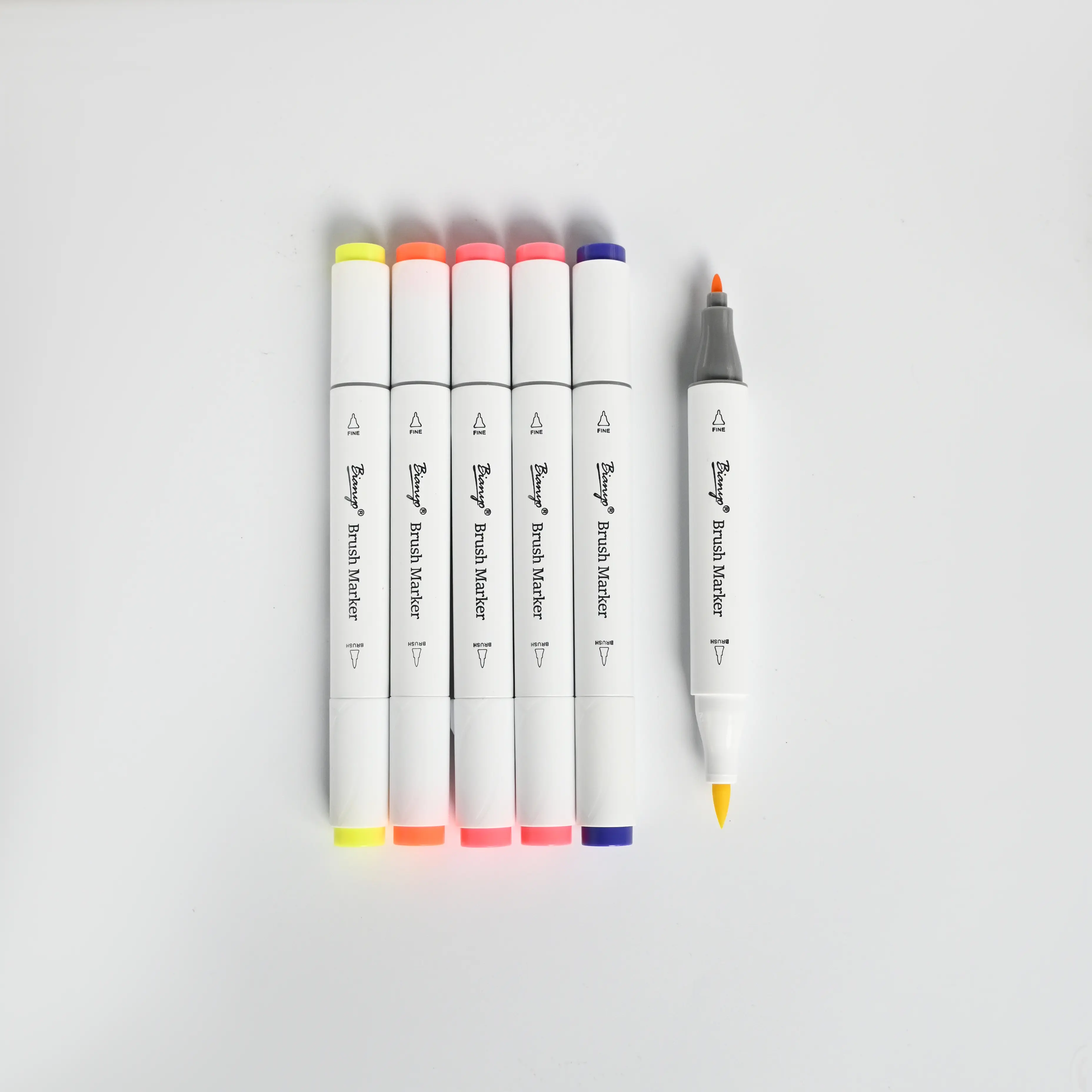 Bianyo 6-Fixed Pack Vibrant Fluorescent Alcohol Ink Dual-Tip Markers - Brush & Fine Tips, Office Stationery for Adult Coloring Book, Drawing, Back to School Art Supplies