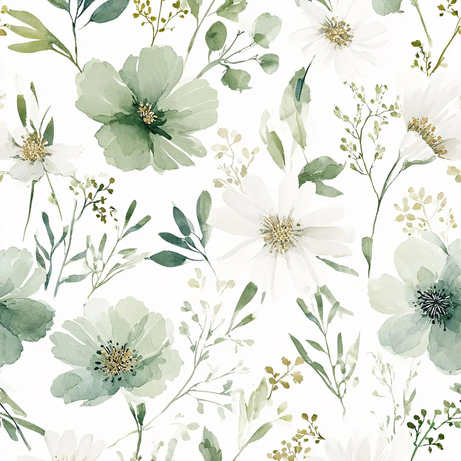 Sage Green Floral Peel and Stick Wallpaper 17.7" x 118" | Thick removable watercolor natural flower design for renters and bedroom accent walls