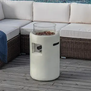 Outdoor Propane Fire Pit Table w Compact Ledgestone 16-inch Round Graphite Base and Glass Wind Guard, 40000 BTU, Free Lava Rocks, Touch-up Pen