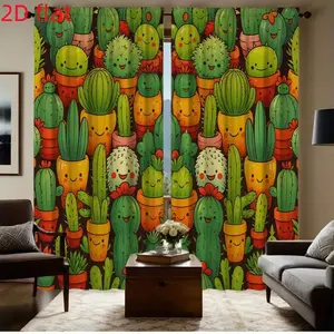 Cartoon Cactus Print Curtains Set, Fashionable Rod Pocket Window Drapes for Bedroom & Living Room, Comfortable Atmosphere, Easy Installation