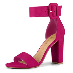 BLISSFUL STEP Block Heels Zipper Buckle Ankle Strap Sandals Hot Pink