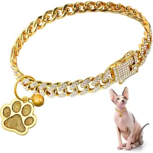 Cat Collar Diamond Chain Glitter Collar Walking Metal with Secure Buckle Cat Pet Necklace with Paw Charm Link Cuban  Accessories with ID Tag Bell(12 Inch,Gold)