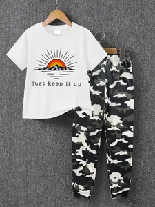 Boys Summer Fashion Creative Sunset Landscape Print Casual Short Sleeve Tee + Comfortable Camo Sweatpants Set, Boys Clothing Gift